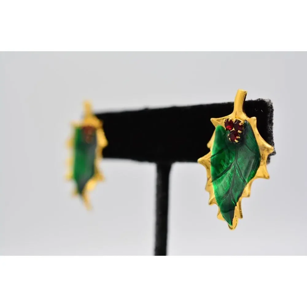 Vintage Christmas Clip On Earrings Holly Berry Green Enamel Gold Red 1980s BinAA